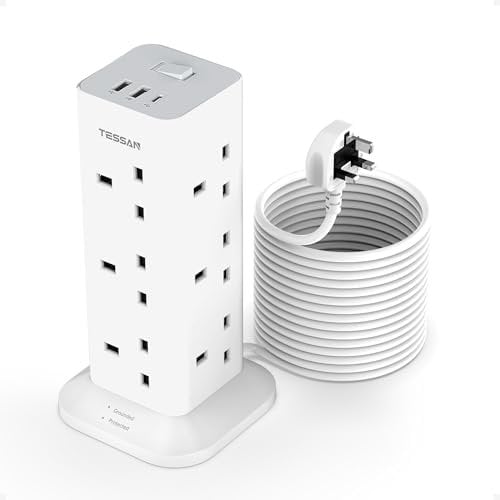 Tower Extension Lead 10M with USB C Slots, TESSAN 12 Way Plug Extension Socket with 3 USB Ports, Multi Plug with Switch(13A 3250W), Power Strip for Office, Home, School, Kitchen Supplies