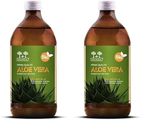 SUCCO DI ALOE VERA Bio Salugea - 100% Puro E Biologico - Integratore Detox, Antiossidante e Depurante - Digestione e Difese Immunitarie - Flacone in Vetro Scuro Farmaceutico - 500 ml (Confezione da 2)