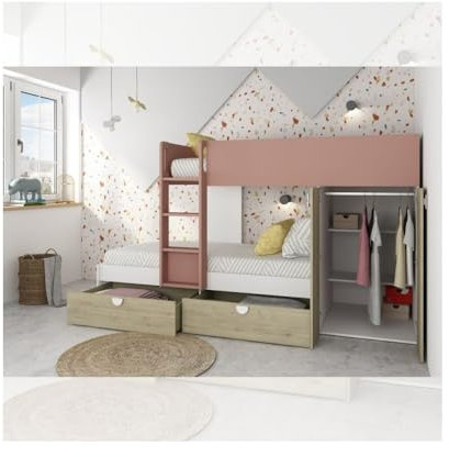 Indomita Letto a Castello Rovere e Rosa Antico con Armadio 2 Ante e cassetti