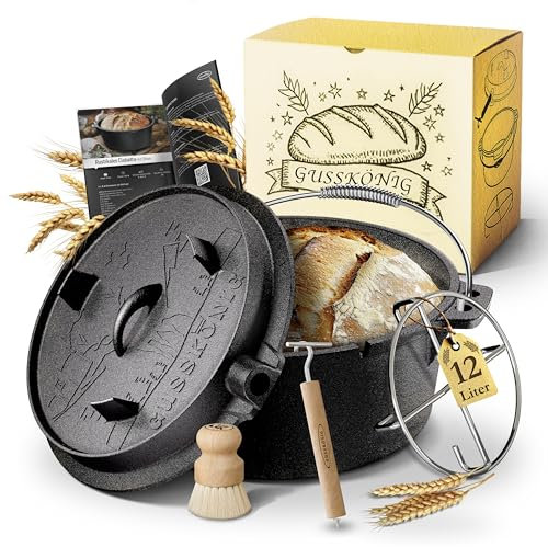 GUSSKÖNIG Gusseisen Brotbackform mit Deckel 37 cm - Brotbacktopf inkl. & Rezeptbuch I Brottopf zum backen I Brot Backen Zubehör I eingebrannter Dutch Oven zum Brotbacken I Gusseisen Topf Brot backen