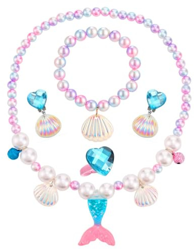 JchEnye 5-teiliges Schmuckset für Mädchen: Meerjungfrauen-Accessoires-Kollektion Enthält Halskette, Ring, Armband, Ohrringe Schmuckset für Meerjungfrauen-Party-Outfits Bonbonfarben