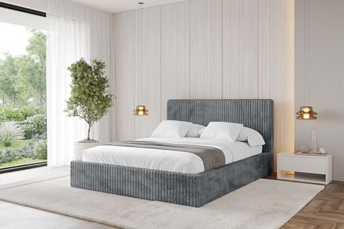 ALTDECOR Polsterbett mit Bettkasten und Lattenrost, Bett mit Matratze H3/H4, Kopfteil, Boxbett, Doppelbett mit Stauraum - ALOVA-v1-200x200 Cord - Dunkelgrau