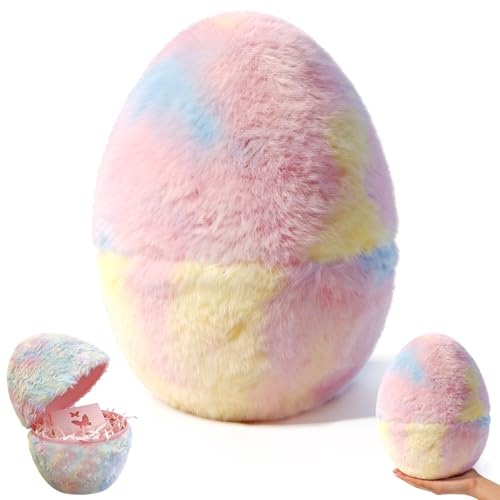 HiartGeil Decorative Easter Egg with Raffia Grass and Card, Plush Fabric Tabletop Home Décor, Openable Design for Spring Seasonal Display, 8.27 Inch (1)