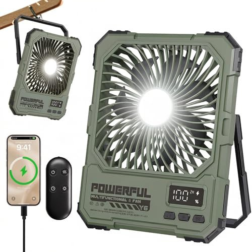 Vurlexat Akku Camping Ventilator mit Lampe,V/entilator mit Akku Groß | 20000mAh Ventilator akku,Tragbarer Reise mit Fernbedienung Display, Haken, Timer-Funktion,18-82 Std, für Innenräume, Reisen