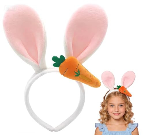 Reccisokz Serre-TêTe Oreilles De Lapin En Peluche Douce Avec DéCoration De Carotte, Pour Les FêTes De PâQues, Anniversaires, Accessoire De Cosplay, IdéAl Pour Les Filles Et Les Enfants(Beige)