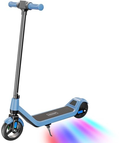 SEEMAR E Scooter Kinder blau, von 8-12 Jahren,16 km/h,8-10km Reichweite, 3 Geschwindigkeitsstufen, Bunte Lichter, LED Display, Non-Zero-Start Sicherheit, Vollgummireifen, Kinder E Scooter