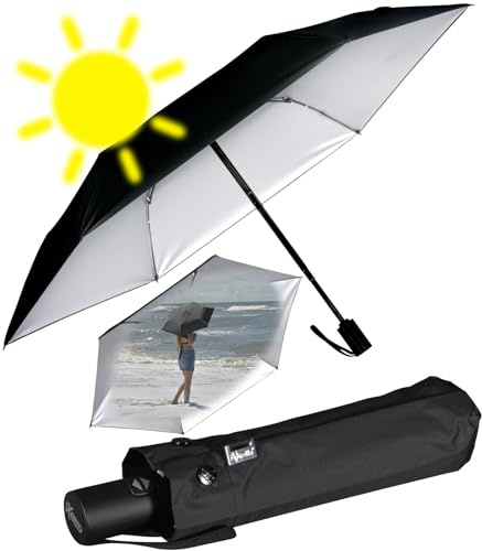 iX-brella Mini Sonnen-Regenschirm mit Auf-Zu-Automatik mit UV- und Hitzeschutz - Silver Coating - Black
