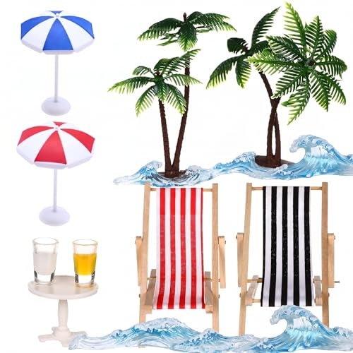 Paisaje De Playa En Miniatura, Una Decoración Veraniega De Resina Que Incluye Una Mini Tumbona Decorativa De Madera, Una Palmera, Una Sombrilla, Taza Y Una Mesa De Centro Redonda. Ideal Para Manualida