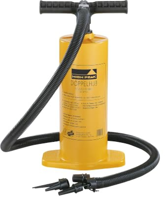 High Peak Luftpumpe für Luftmatratze und Schlauchboot mit Doppelhubfunktion | Aufpumpen und Abpumpen; ca. 2 x 2 Liter; bis 0,3 bar; knickfreier Schlauch, 4 Düsen, Anti-Sand-Filter, ergonomische Griffe