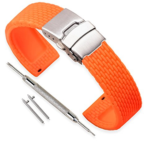 VINBAND Unisex Wasserfest Gummi Uhrenarmband mit Edelstahl Silber Faltschließe 22mm Orange