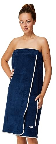 Sowel® Saunakilt Damen, 100% Bio-Baumwolle, Saunahandtuch mit Klettverschluss und Gummizug, Saunatuch Knielang, 80 x 130 cm, Navy/Grey