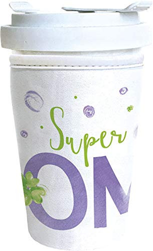 Coffee to go Becher aus Fine Bone - bekleidet mit einem Neopren Cup Cover Motiv “Super Oma“ - verschließbar - 0,35 l Füllmenge