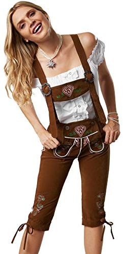 dressforfun 900804 Damen Lederhose mit Träger, Kniebund in klassischer Trachtenform, feine Blumenstickereien, braun - Diverse Größen - (M| Nr. 302821)