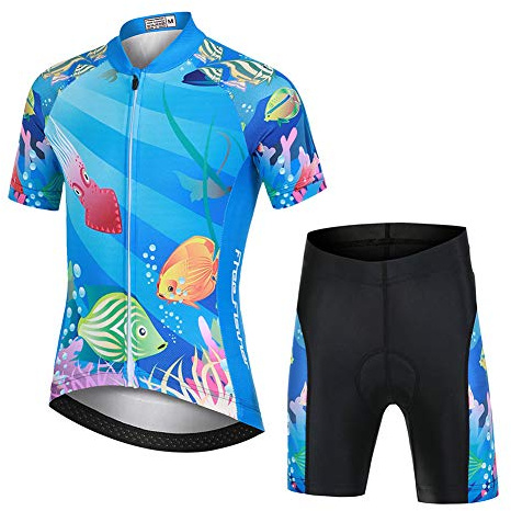 YFPICO Maillot Vélo Manches Courtes et Cuissard Cycliste VTT 3D Coussin Rembourré Tenue Cyclisme Confort Enfant Garçon Fille, Bleu, 5-6 Ans/S