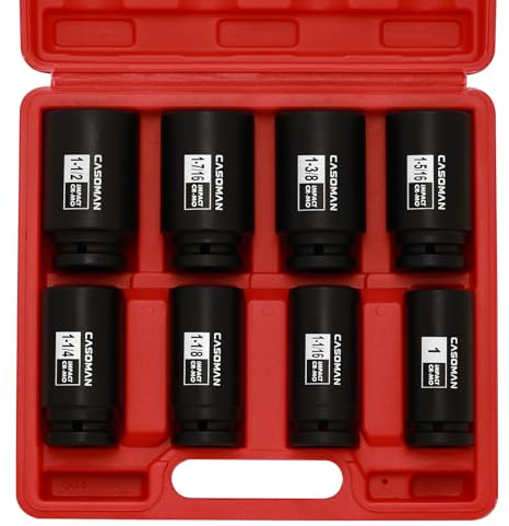 CASOMAN 3/4 Drive Deep Impact Socket Set, 8 Piece Set, SAE Sizes (1-Inch to 1-1/2-Inch), 6 Point, 3/4 Dr. Heavy Duty Impact Socket Set