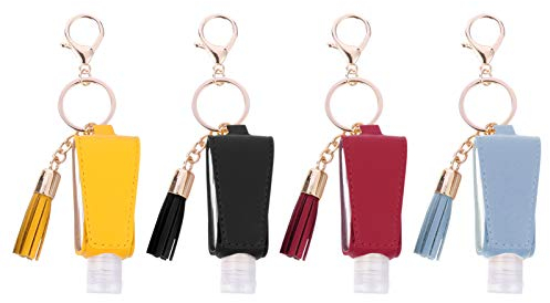 Lurrose 4 Stücke Parfüm Reiseflaschen Schlüsselanhänger mit Leder Hülle Kunststoff Cap Flasche Leere Seifenspender Nachfüllbare Duschgel Reisebehälter für Shampoo Handgel Neujahr