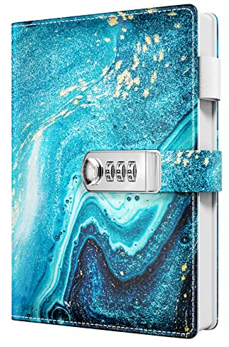 Huamxe Diary with Lock, Personal Locking Journal for Women Girls, Leather Hardcover Notebook A5 5.9 x 8.7, 200 Pages Thick Paper, Cute Refillable Journals for Writing Journaling, Ocean Blue Marble