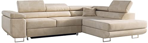 MKS MEBLE Ecksofa Beige Wohnzimmer - Wohnlandschaft - Schlafsofa mit Bettkasten - Ecksofa mit Schlaffunktion - Wohnzimmer L Couch - Polstersofa mit Bettkasten - Gustaw - Beige - Rechts