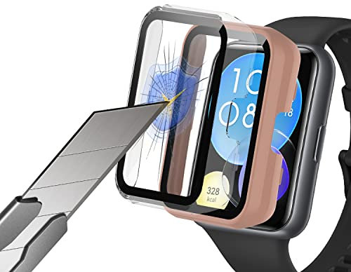 KoGiio Cover Compatibile con Huawei Watch Fit 2 [2 Pezzi], con Vetro Temperato Protezione Di Schermo, 3D HD Rigida PC Anti Graffio Custodia per Huawei Watch Fit 2-Rosa+Trasparente