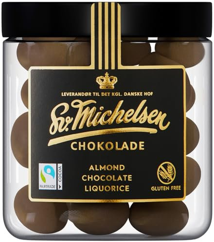 Sv. Michelsen Mandeln mit Lakritz Schokolade – 140g | Dänische Gourmet-Spezialität | Handgefertigte Schokolade aus Dänemark | Gourmet-Pralinen | Süßes Geschenk für Feinschmecker