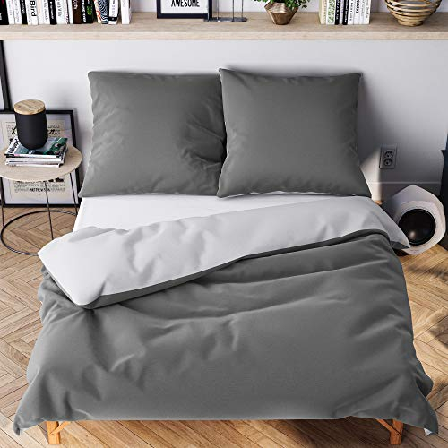 Wolkenfeld Bettwäsche 155X220 4 teilig Bettwäsche Set grau anthrazit - Oeko-Tex Zertifiziert - 2X Bettbezug 155x220 + 2X Kissenbezug 80x80