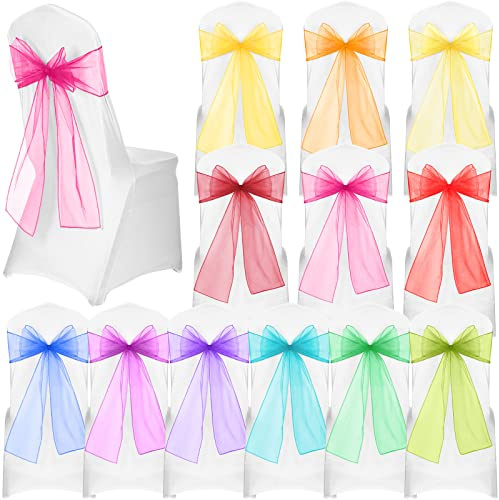 Panelee 36 Pcs Elegant Organza Assorted Color Chair Sashes Pastel Rainbow Bows Sheer Fabric Chair Ties for Wedding Banquet Party Decoration