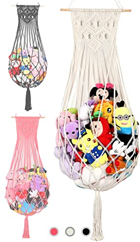 Makramee-Stofftier-Netz-Hängematte, kleine Plüschtiere, große Eck-Wandbehang-Organizer für Kinder, böhmische gewebte Dekor-Display Kuscheltiere Netze, (Weiß)