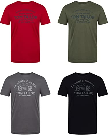 TOM TAILOR Tshirt Herren Baumwolle Regular Fit 4er Pack Set | Rundhals Kurzarm Sommer Tee Shirt Logoprint 100% Baumwolle Schwarz Weiß Grün Rot Blau Grau Orange S M L XL XXL 3XL
