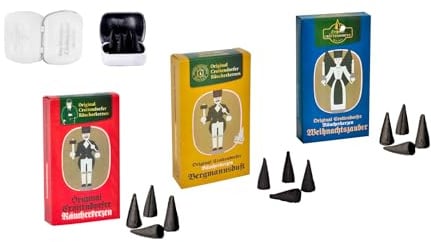 Crottendorfer Räucherkerzen 3er Set - Düfte: Weihnachtszauber, Bergmannsduft und Jubiläum Weihnachtlichter Weihrauch - Menge: 72 Stück inklusive 4 Räucherkerzen als Probe - Made in Germany