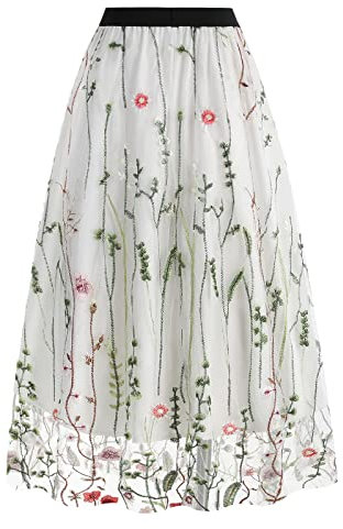 Damen T?llrock Langes Blumen Stickerei Rock Elegant Elastischer A-Linie Lagenrock Plissee T?ll Langes Kleid Blumenmuster Midir?cke Hohe Taille L?ssiges M?dchen Rock Vintage 50er Meshrock Wei? XXL