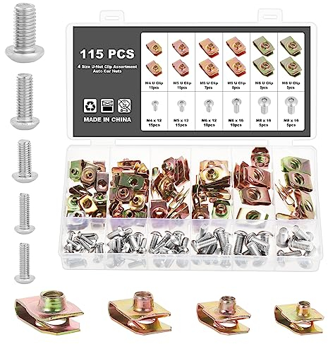 Knpwer 115 Pz U Clip E Viti Kit,Universal Metal U-Nuts,Clip Carrozzeria,Clip di Fissaggio in Metallo a Forma di U, Viti per Corpo per Ali di Auto