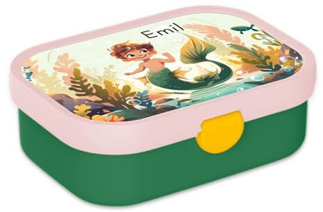 Mepal Bento Lunchbox Campus Meerjungfrau - Personalisierte Brotdose mit Namen für Kinder - Bento-Fach & Gabel - Meal Prep Box Clip-Verschluss - BPA-frei & Spülmaschinenfest - 750 ml - Meermann