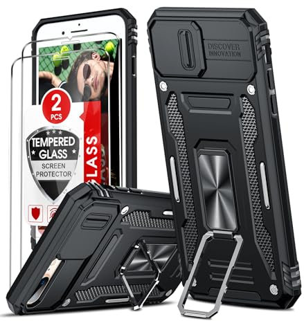 LeYi for iPhone 8 Plus/7 Plus Case with Camera Lens Cover Slider, 2 Screen Protectors, Ring Stand Military Shockproof Armour Phone Cover, Black