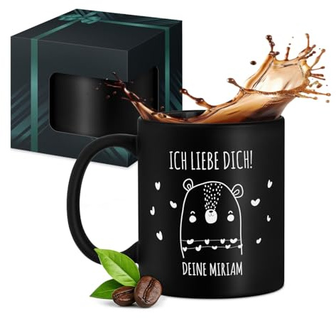 Maverton Keramik Kaffeetasse 330ml mit Gravur - Kaffeebecher mit funktionellem Henkel - personalisierter Keramikbecher für Männer zum Geburtstag zu Weihnachten - matt schwarz - Innen schwarz - Bär