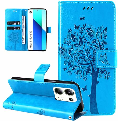 Dcjlbo Cover per Xiaomi Redmi Note 13 4G Custodia Cover in Pelle Portafoglio a Libro con Fiori Disegni Porta Carte Magnetica Cover Flip Case Cuoio Antiurto Custodia per Xiaomi Redmi Note 13 4G-Blu