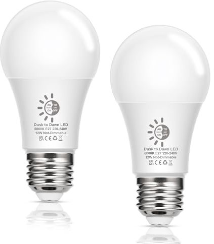 E27 LED Lampe mit Tageslichtsensor 12W, Lichtsensor Glühbirne Kaltweiß 6000K, Ersetzt 100 Watt, 1100lm Automatisch Ein/Aus E27 Glühbirne mit Dämmerungssensor für Korridor Garten Patio Veranda, 2 Stück