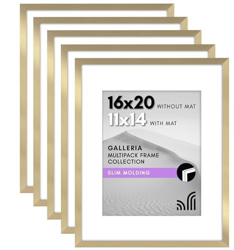 Americanflat 16x20 Picture Frame with Polished Plexiglass - Set of 5 - Use as 11x14 Frame with Mat or 16x20 Frame Without Mat - Galleria Collection - Gallery Wall Frame Set for Wall Display - Gold