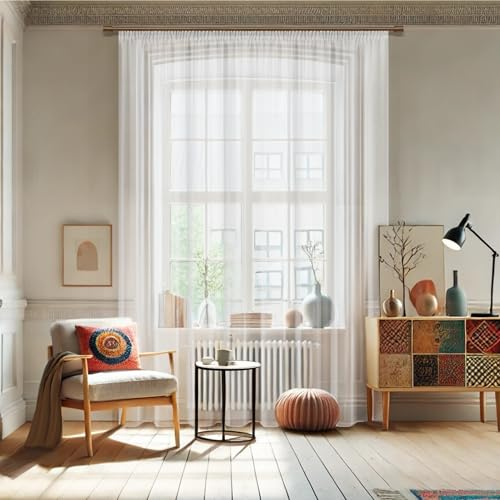 Casalini Milano Transparente Voile-Gardinen mit Kräuselband und Bleiband in Weiß für Wohnzimmer