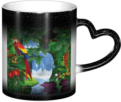 GSGCSBYMLG Tasse mit Ara und Tukan, bedruckt mit Farbwechsel, Keramik, wärmeempfindlich, Farbwechsel, magische Teetasse