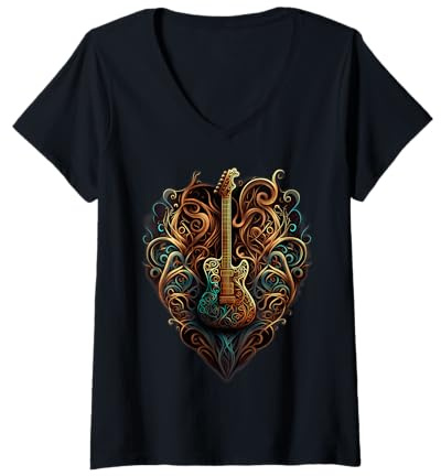 Damen E-Gitarre Herzschlag: ein herzförmiges Rock Design Festival T-Shirt mit V-Ausschnitt