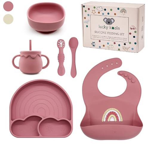 Lucky Koala® Coffret Repas Bébés en Silicone I Assiette et Bol avec Ventouse, Bavoir, Tasse et Cuillères d'apprentissage I Qualité Alimentaire I Sans BPA I Coffret Cadeau