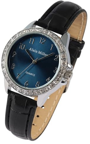 Modische Alain Miller Damen Uhr Blau Schwarz Strass Steine Analog Leder Frauen