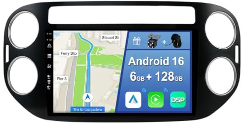 [6GB+128GB] Android 16 Autoradio per VW Tiguan 2009-2017-[Incorporato Carplay/Android Auto/DSP/GPS]-9 pollice IPS Touch Screen-Camera+MIC Incluso-DAB/Mirror Link/Bluetooth 5.0