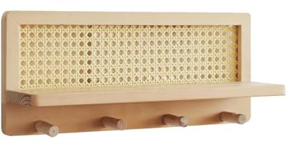 Porte-manteau mural avec étagère - Étagères pour livres d', crochets pour rangement dans le couloir | Fond en bois dur, étagère murale en bois avec crochets, organisateur d'étagère en rotin