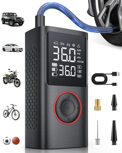 Powools Cordless Tyre Inflator Air Compressor – 150PSI Car Tyre Pump, Electric Bike Pump with Auto Shutoff & LED Light for Motorcycle, Bicycle, Balls, Black, 8.89 X 4.75 X 13.79 CM