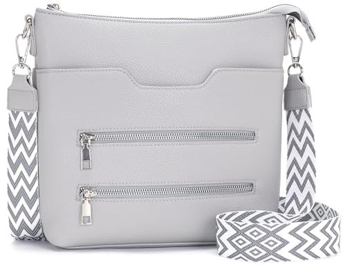 Glintify sac a main femme bandouliere tendance Gris clair sac femme bandoulière cuir végétal avec sangle large réglable et amovible