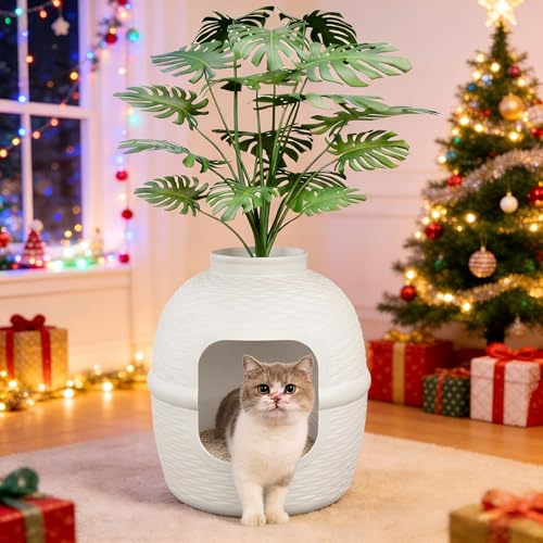 Hidden Litter Box with Faux Plant, Large Cat Litter Box with Rattan Pattern, Heavy Duty PP Material Litter Box Enclosure Furniture for Home Decor, Light Grey
