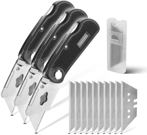STAHLWERK Klappbares Cuttermesser 3er Set mit Schnellwechsel-Klinge und Sicherheitsverriegelung Profi Cutter | Teppichmesser | Sicherheitsmesser | Paketmesser | Kartonmesser | Klappmesser