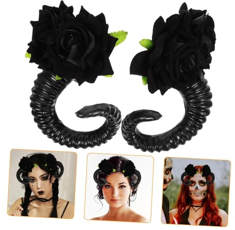 Healeved Gothic Haarschmuck Schafshorn Haarspangen aus Kunststoff mit Rosenblumen Motiv für Halloween und Rollenspiele Schwarz Elegant und Mystisch