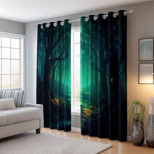 Verdunklungsvorhänge Thermovorhang H214 x B91.5 cm (2er Pack), Fantasy Dunkler Dschungel Vorhänge mit Ösen Schwarz Vorhang Blickdicht Weich und Langlebig Schallschutz Vorhang für Schlafzimmer
